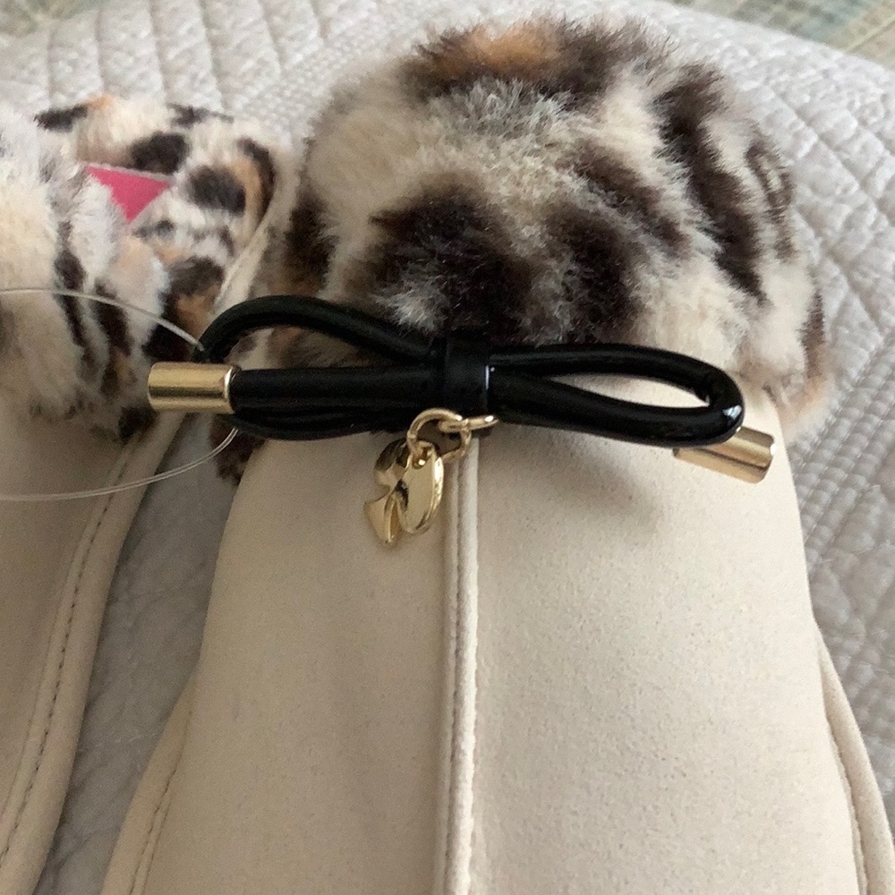 Kate Spade Slippers Size 6 Lacey Suede Bow Classic Cream Leopard Cozy Fur NWT - Picture 4 of 7
